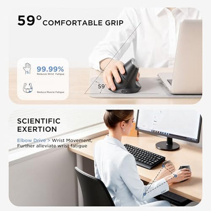 Uineer Vertical Ergonomic Mouse, Wireless Bluetooth Mouse, 3-Device,Quiet | Switch among 3 devices; side scroll wheel supports horizontal navigation for documents and spreadsheets. - color: Black