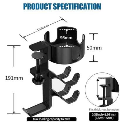 Under Desk Controller Holder Clamp Headphone Cup Organizer | under desk clamp-on controller holder, headphone hanger, desk cup holder, no-drill install, gaming desk organizer