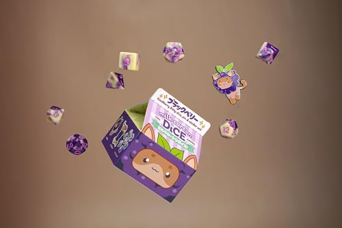 1985 Games BlackBerry Kawaii Cat Dice Set – Milk Carton-Inspired Dice for DND | TTRPGs & Tabletop Roleplaying - color: Blackberry