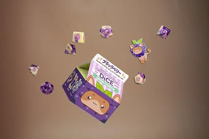 1985 Games BlackBerry Kawaii Cat Dice Set – Milk Carton-Inspired Dice for DND | TTRPGs & Tabletop Roleplaying - color: Blackberry