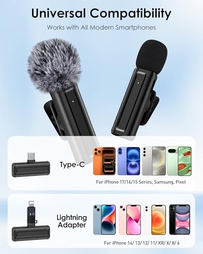 Wireless Mini Microphone for iPhone, iPad, Android, 2 Pack Lavalier Mic with 360° Rotatable Clip, Plug and Play Noise Reduction USB-C Mic for Video Recording YouTube TikTok Podcast Content Creators