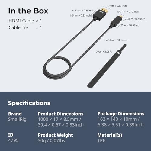 SMALLRIG D to A HDMI Cable Ultra Thin HDMI Cord 100cm / 3.28Ft (Micro to Full HDMI), Super Flexible Slim High Speed 4K 60Hz HDR HDMI 2.0, for Sony A7RIII / A7II / A7M3, for FUJIFILM X-T4 / X-T3-4795 - size: 100CM(D to A)
