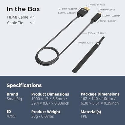 SMALLRIG D to A HDMI Cable Ultra Thin HDMI Cord 100cm / 3.28Ft (Micro to Full HDMI), Super Flexible Slim High Speed 4K 60Hz HDR HDMI 2.0, for Sony A7RIII / A7II / A7M3, for FUJIFILM X-T4 / X-T3-4795 - size: 100CM(D to A)