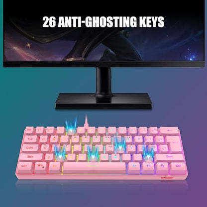 RedThunder 60% Gaming Keyboard and Mouse Combo, Ultra-Compact 61 Keys RGB Backlit Mini Keyboard, Lightweight 7200 DPI Honeycomb Optical Mouse, RGB Wired Gaming Set for PC MAC PS5 Xbox Gamer(Pink) - style: 01 Pink Wired Combo