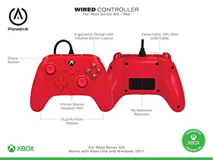 PowerA Wired Controller for Xbox Series X|S - Red, gamepad, video game/gaming controller, works with Xbox One, Officially Licensed - style: Red