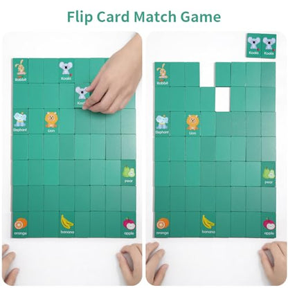 Wooden Dominoes Memory Matching Game for Toddlers 3-6, 57 Pcs Fruit Animal | 3-in-1 Topple Board Games with Storage Bag, Interactive Preschool Educational Toys, Family Reunion Games Gifts for Kids