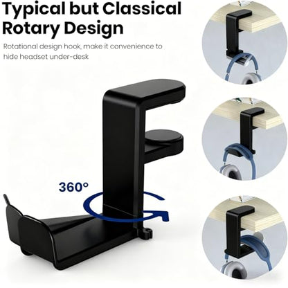 360 Degree Rotating Headphone Stand Under Desk Hanger Clamp Mount Universal Headset Holder Hook (White) - color: White