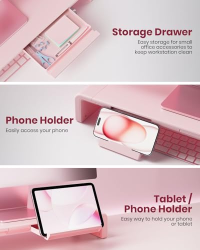 Pink Monitor Stand Riser, Klearlook Foldable, Height Adjustable Computer Stand, Desk Shelf Riser with Storage Drawer &Tablet Phone Stand for Desktop, Laptop - color: Pink