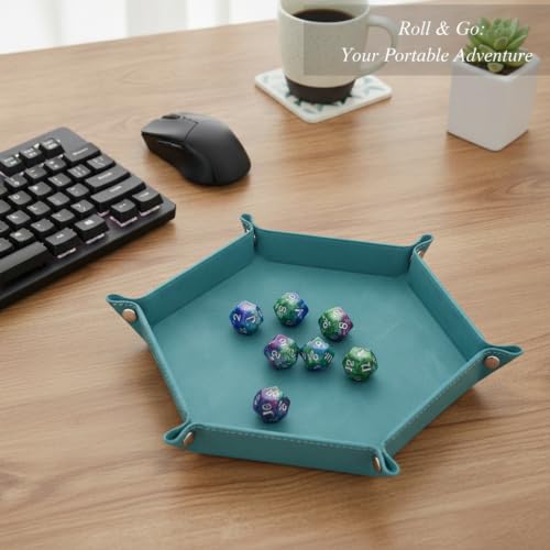 Hexagonal Folding Dice Tray in Green PU Leather with Flannel Lining for Tabletop RPGs and Board Games