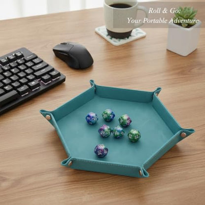 Hexagonal Folding Dice Tray in Green PU Leather with Flannel Lining for Tabletop RPGs and Board Games
