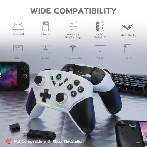 ISHAKO Wireless Gaming Controller with Hall Effect Joysticks&Triggers, 1200mAh Battery, 1000Hz Polling Rate, 4 Back Buttons, RGB Lighting – Works with PC Windows/Mac/Steam/Luna/Tesla/Switch- White - color: Silver