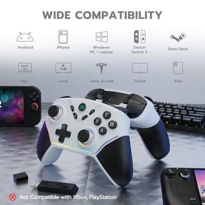 ISHAKO Wireless Gaming Controller with Hall Effect Joysticks&Triggers, 1200mAh Battery, 1000Hz Polling Rate, 4 Back Buttons, RGB Lighting – Works with PC Windows/Mac/Steam/Luna/Tesla/Switch- White - color: Silver
