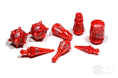 PolyHero Warrior Dice Set – Crimson Carnage | 8 Weapon-Themed RPG Dice for D&D & TTRPG'S | Spike Ball d20s, Sword d6 | Unique Gift for Tabletop Gamers - color: Crimson Carnage