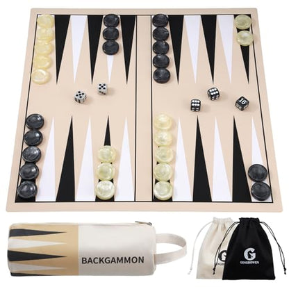 40cm Backgammon Set, Premium Silicone Backgammon Travel Classic Board Games for 2 Players, Foldable Portable Game Set with Carrying Storage Bag (Khaki) - color: Khaki