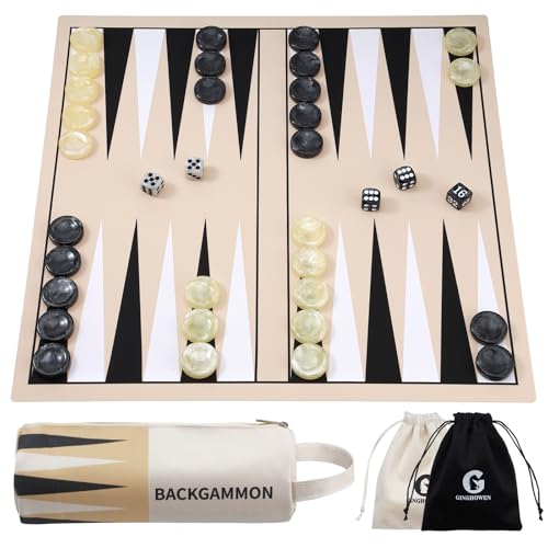 40cm Backgammon Set, Premium Silicone Backgammon Travel Classic Board Games for 2 Players, Foldable Portable Game Set with Carrying Storage Bag (Khaki) - color: Khaki