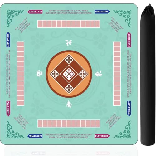 Mahjong Mat for Table, 31.5x31.5Inch American Mahjongg Table Mat (Cyan) | Anti-Wrinkle&Foldable Neoprene Mahjongg Travel Mat for Table with Learning Rule, Anti-Slip Noise Reduction Includes Carry Bag - color: Cyan