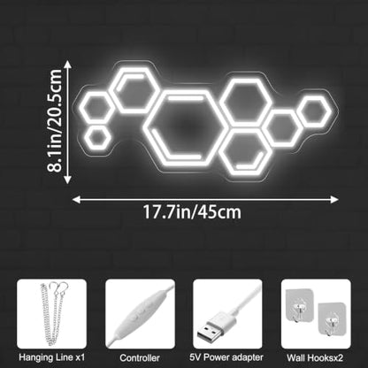 Hexagon Neon Sign, Cool White Geometric LED Light for Gaming Room | Varied hexagons form a connected pattern with a clean futuristic glow - color: Honeycomb