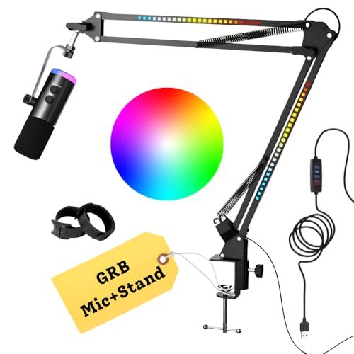 XLR/USB Dynamic Microphone Kit, RGB Podcast Mic, Mute, Gain Knob, Volume Control, RGB Adjustable Boom Arm Stand for Streaming, Gaming, Voice-Over, Recording