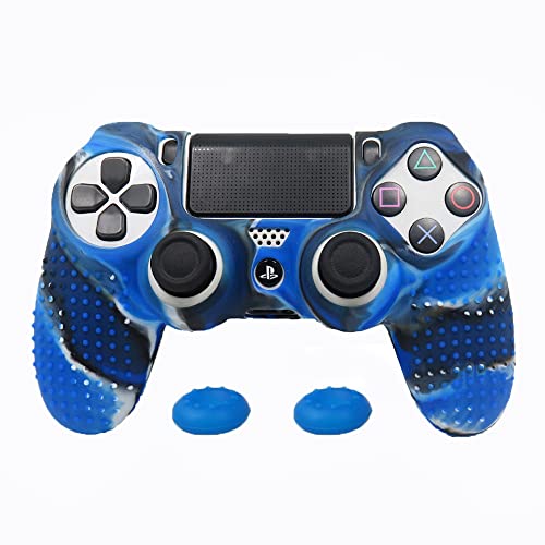 PS4 Controller DualShock4 Skin Grip Anti-Slip Silicone Cover Protector Case for Sony PS4/PS4 Slim/PS4 Pro Controller with 2 Thumb Grips (Black and Blue Stripes) - color: Black and Blue Stripes