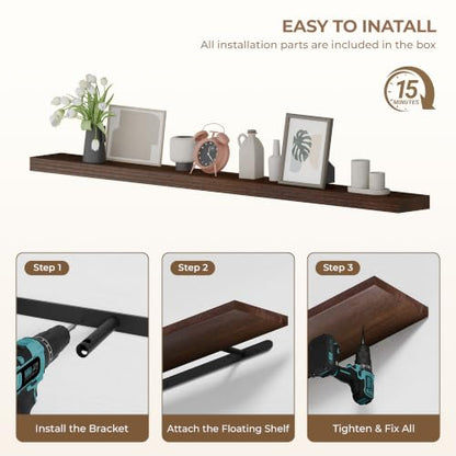 60 inch Long Walnut Floating Shelves Set of 1 | Solid Wood Large Wall Shelves with Invisible Brackets for Living Room, Bedroom, Bathroom, Kitchen, Laundry Room (Walnut, 60 Inch) - color: Walnut, size: 60 Inch set of 1