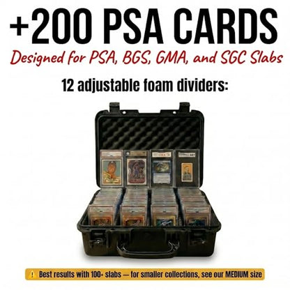 4 Row Graded Card Storage Box, IP67 Waterproof Hard Slab Case Holds 200+ PSA BGS SGC Graded Cards & 800+ Top Loaders, Baseball Sports Trading Card Carrying Case with Dividers, Large - size: LARGE