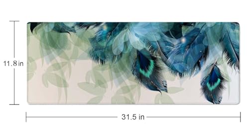Large Gaming Mouse Pad with Stitched Edges, Desk Pad Extended Keyboard Mat, Non-Slip Rubber Base Mousepads for Laptop, Office, Home, 31.5X11.8 inch Watercolor Peacock Feather - color: Watercolor Peacock Feather
