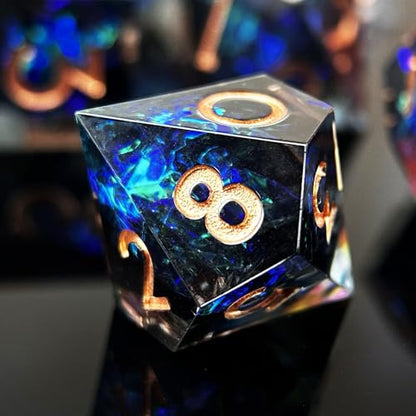 HAOMEJA 7pcs Sharp Edge Resin Dice Set, Handmade Polyhedral Dice with Glitter & Galaxy Effect Apply to DND, D&D, RPG, MTG Games, Role Playing Game, Easter, Halloween Party Gift (Black & Gold Word) - color: T Black & Gold Word