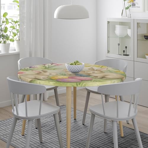 Famame Easter Rabbits Egg Flowers Round Fitted Tablecloth with Elastic Protector Table Kitchen Dinner Waterproof Oil-Proof Table Covers Fits 40"-44", Small - color: Easter Rabbits Egg Flowers, size: Small (40"-44")