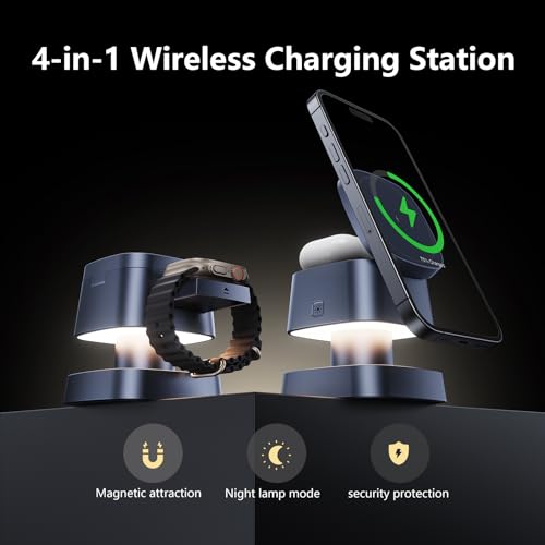 3 in 1 Charging Station with Night Light, 4 in 1 Wireless Charger for Apple | 15W MagSafe magnetic stand for iPhone 17/16/15/14/13/12, Apple Watch & AirPods. Foldable travel wireless charge (Gray) - color: Gray
