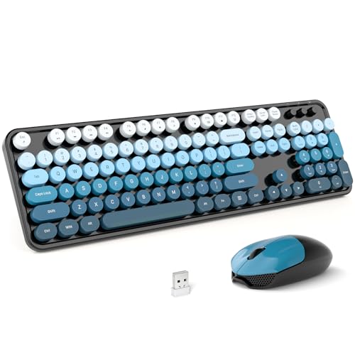MOFII Wireless Keyboard and Mouse Combo, Full Size 2.4G Plug and Play Typewriter Retro Round Computer Keyboard and Mouse Set for Windows, Computer, Desktop, PC, Notebook - (Black Blue Gradient) - color: Black Blue Gradient