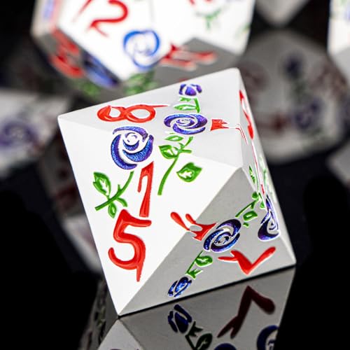 Gothic DND Dice Set Bleeding Rose Metal D and D Dice for use with Dungeons Dragons D&D Role Playing Game, Blue Purple RPG Polyhedral Dice Set D20 D12 D10 D8 D6 D4 - color: Purplish Blue&silver&red Numbers