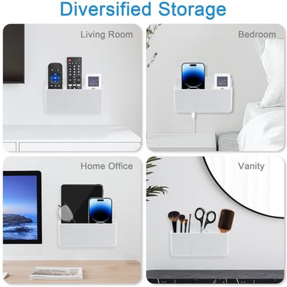 3 Slot Adjustable Remote Holder Wall Mount, TV Controller Holder Hollow Bottom Slot Easy Phone Charging, Adhesive Remote Control Holder, Wall Pen Holder for Office School Home (White) - color: White
