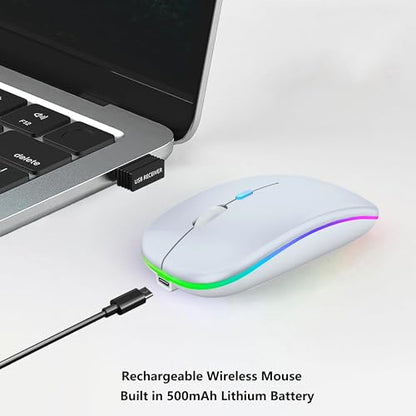 WREANU Wireless Bluetooth Mouse Rechargeable Laptop Mice with LED Lights Silent Slim Use(BT5.2 & USB 2.4G Portable Receiver) Dual Mode Computer Mouse for Laptop/iPad/Tablet/Apple/Computer/Mac(White) - color: White Wireless Bluetooth Mouse