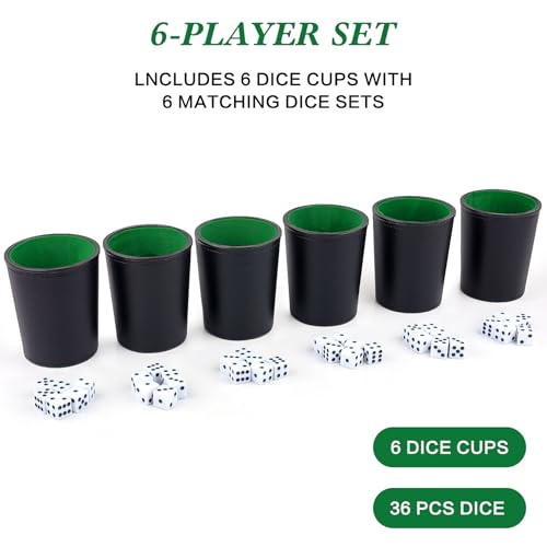 Felt-Lined PU Leather Dice Cup Set, 6 Quiet Dice Shaker Cups with 36 Dices for Bar Party Yahtzee Farkle Dice Games, Black and Green - color: Green