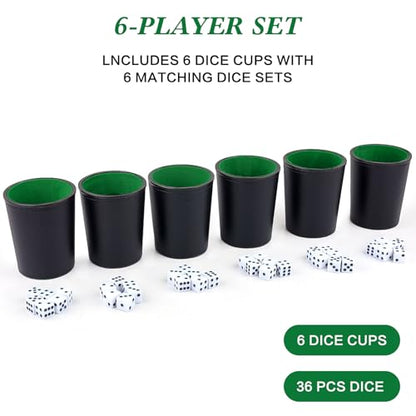 Felt-Lined PU Leather Dice Cup Set, 6 Quiet Dice Shaker Cups with 36 Dices for Bar Party Yahtzee Farkle Dice Games, Black and Green - color: Green