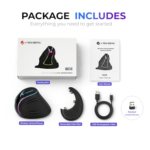 J-Tech Digital Ergonomic Mouse with Wireless Connection, Removable Palm Rest, Thumb Buttons, Rechargeable Battery, 800 DPI, Compatible with Windows and MAC OS - style: Wireless
