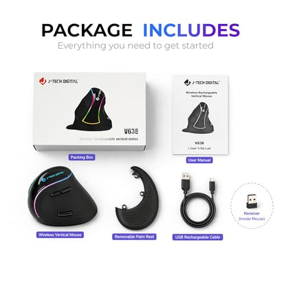 J-Tech Digital Ergonomic Mouse with Wireless Connection, Removable Palm Rest, Thumb Buttons, Rechargeable Battery, 800 DPI, Compatible with Windows and MAC OS - style: Wireless