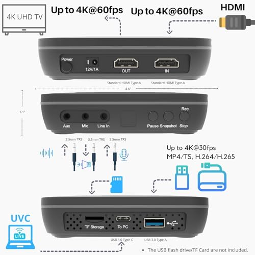 UHD Pro, 4K Video Recorder, HDMI Capture DVR with H.265/H.264 Codec, Cinematic 24fps Recording(Up to 30fps), 4K@60fps Passthrough, Pause/Resume Recording.