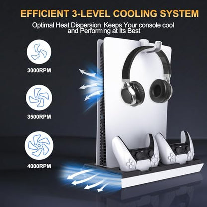 PS5 / PS5 Slim Cooling Station with Dual Controller Charging Station, PS 5 Cooling Stand for PlayStation 5 Console, Headset Holder/ PS 5 Cooling Fan/4 USB Hub All in One Accessories Organizer, Black - color: Black
