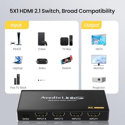 avedio links 8K HDMI2.1 Switch with Remote 5x1, 5 in 1 Out HDMI Splitter with Remote, Auto Switch HDMI Selector Box Support 4K@60Hz, HDCP2.3, HDR, 3D, for PS5, Xbox, Fire Stick, Blu-ray, HDTV