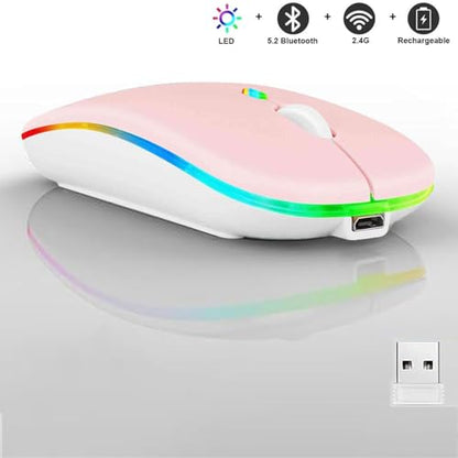 Guiheng Wireless Bluetooth Mouse,LED Dual Mode Rechargeable Silent Slim Laptop Mouse,Portable(BT5.2+USB Receiver) Dual Mode Computer Mice,for Laptop,Desktop Computer,ipad Tablet,Phone,TV (Pink) - color: pink