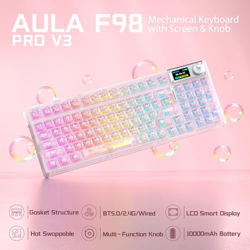 AULA F98 Pro V3 Wireless Mechanical Keyboard with Screen & Knob,Hot Swappable Pink Gaming Keyboard,Clear Keycap RGB Backlit Gasket Mount Creamy Keyboards with Number Pad for Office PC,10000mAh Battery - color: Pink