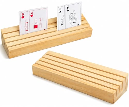 Set of 2 Wooden Playing Card Holders - 4 Tier Card Rack Deck Stand For Adults, Seniors - Hands Free Card Display Tray Game Organizer for Canasta Bridge Poker Uno Go Fish, Family Strategy Card Night