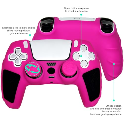 Anti-Slip Pink Controller Skin,Soft Thicken Studded Protective Silicone Cover Skin Grips Compatible with PS5/Slim/Pro Controller and 8 PCS Thumb Grips Caps. - color: Pink&Black