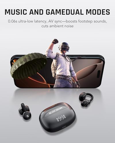 Black Shark Clip-On Earbuds, Open Ear Earbuds, Music and Game Dual Modes, 5g Lightweight & Digital Display Design, DNN Clear Calls, 50H Play Time, Comfort Fit for Sports, Running, Workout - style: Open Ear Headphones T19