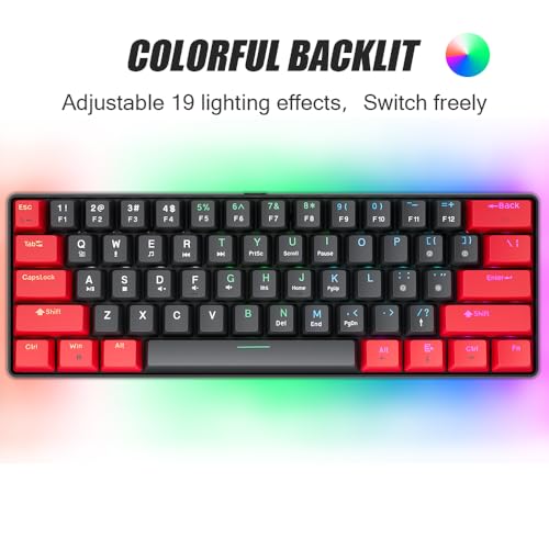 abucow 60% Mechanical Gaming Keyboard Black Switch Wired Compact Keyboard Anti-Ghosting No-Conflict 61 Swappable keycaps Ergonomic Design for Windows/Mac (Red-Black) - color: Red-Black