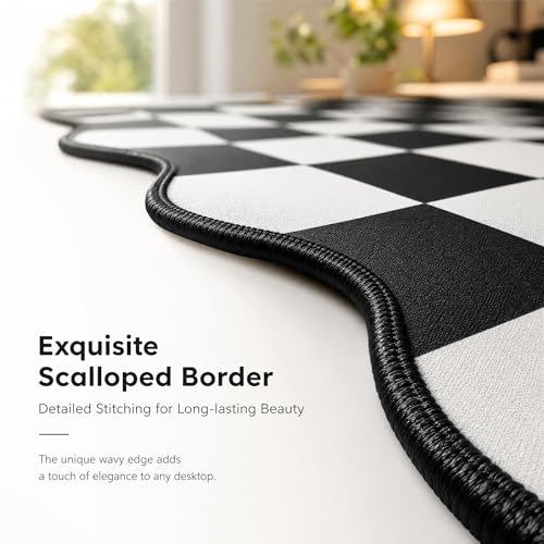 Large Checkered Desk Mat, 31.5" x 15.75" Scalloped Edge Mouse Pad, Non-Slip Rubber Base, Waterproof Desk Pad for Home Office Gaming, Keyboard Pad with Stitched Border (Black)