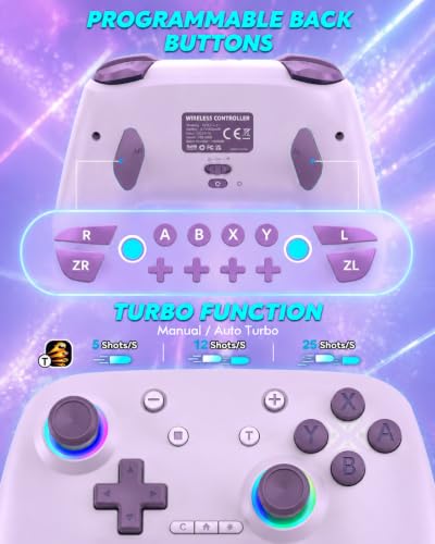 Switch Controller, Wireless Bluetooth Controller for Nintendo Switch 2/Switch/Lite/OLED, game controllers Compatible with iPhone/Mac/iPad/iOS/Android/Phone/PC/Steam and TV with Rotary Motors, RGB Hall Effect Joysticks/Macro Back Buttons/Turbo Modes/6-Axis