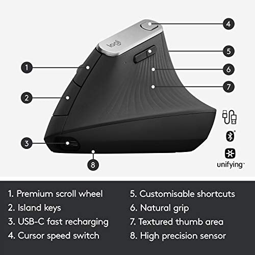 Logitech MX Vertical Wireless Mouse Ergonomic Design - Graphite | Reduces muscle strain, move content between 3 Windows and Apple computers, rechargeable