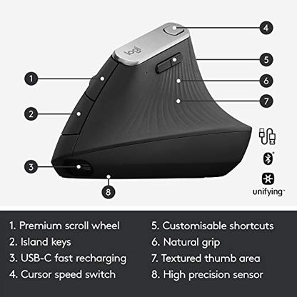Logitech MX Vertical Wireless Mouse Ergonomic Design - Graphite | Reduces muscle strain, move content between 3 Windows and Apple computers, rechargeable